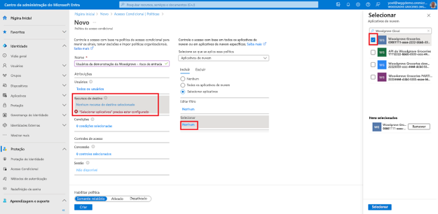 Captura de tela da folha Nova Política de Acesso Condicional realçando os recursos de destino com a guia Incluir selecionando o aplicativo Woodgrove Groceries no painel Selecionar aplicativos de nuvem aberto à direita.