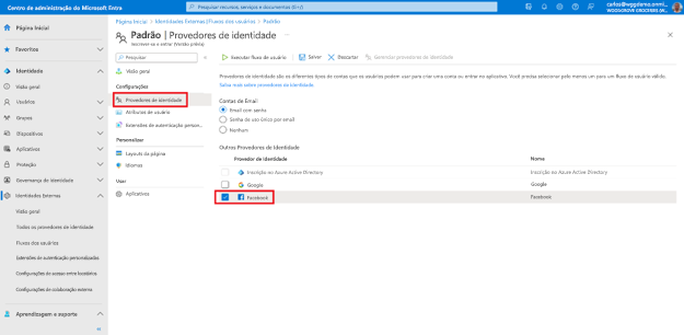 Captura de tela da configuração de provedores de identidade realçada na navegação do lado esquerdo para o fluxo do usuário intitulado 