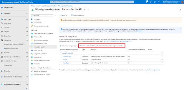 Captura de tela de um botão intitulado Fornecer o consentimento do administrador para Mercearia Woodgrove realçados na folha de permissões da API.