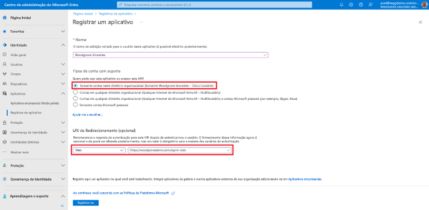 Captura de tela de Registrar uma folha de aplicativo com contas neste diretório organizacional realçada apenas para quem pode usar esse aplicativo ou acessar essa API? e o URI de redirecionamento é realçado e definido como Web, bem como a URL para onde redirecionar o usuário após a autenticação bem-sucedida.