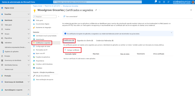 Captura de tela da folha Certificados e segredos em Registros de aplicativo em que não há certificados e realça um botão intitulado Carregar certificado.