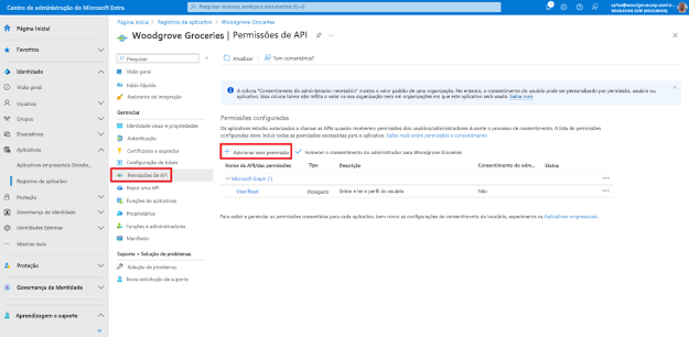 Captura de tela das permissões de API em Registros de aplicativo com um botão intitulado Adicionar uma permissão realçada.