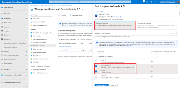 Captura de tela do painel Solicitar permissões da API aberta à direita com um grupo de opções intitulado Permissões delegadas realçadas e permissões para offline_access e openid marcadas nas caixas de seleção abaixo.