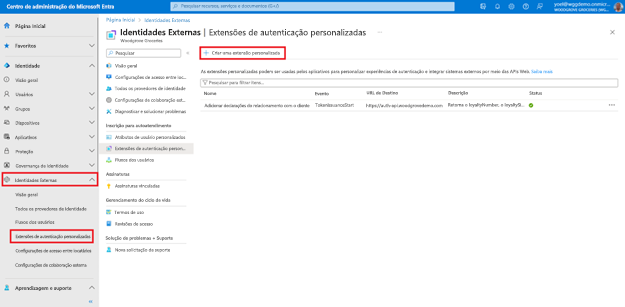 Captura de tela da folha Extensões de autenticação personalizadas de Azure Active Directory para Identidade Externas destacando um botão na barra de ferramentas intitulado Criar uma extensão personalizada.