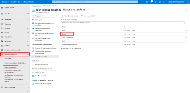 Captura de tela da folha Fluxos de usuário de Azure Active Directory para Identidade Externas destacando um fluxo de usuário intitulado Padrão na lista da grade de fluxos de usuário.