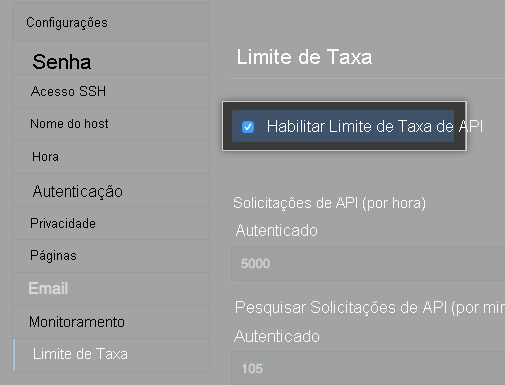 Captura de tela do console de gerenciamento definindo os limites de taxa da API.