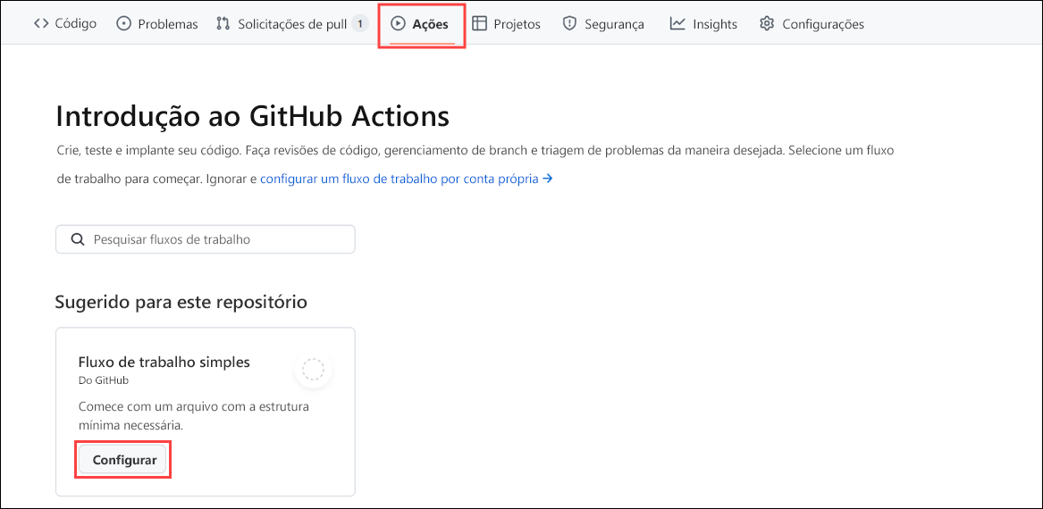 Captura de tela da *guia Ações* do GitHub Actions exibindo um fluxo de trabalho simples e um botão para configurá-lo.