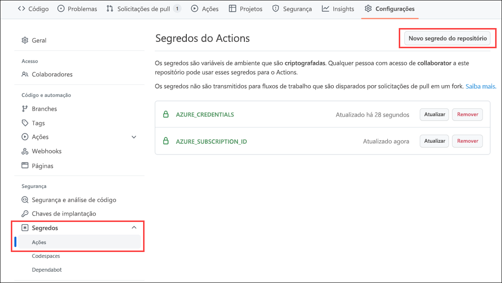 Interface do portal do Azure para criar um segredo.