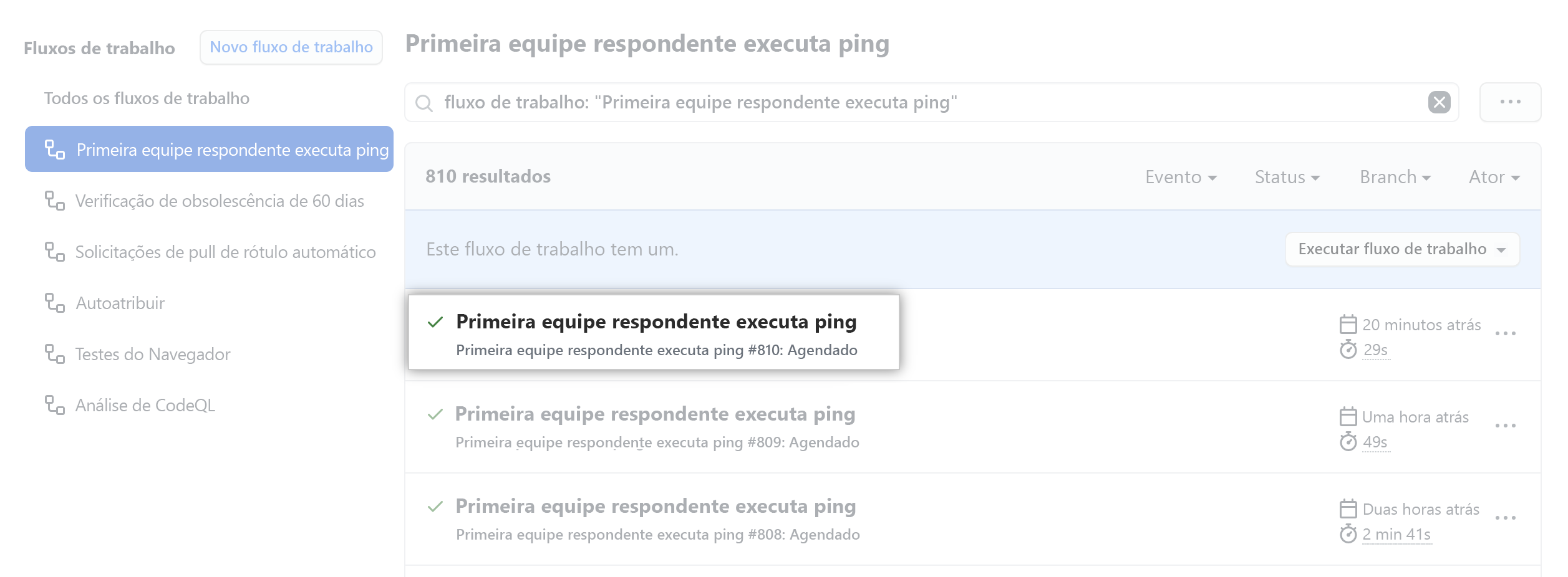 Uma captura de tela mostra um exemplo de execução de fluxo de trabalho no GitHub.