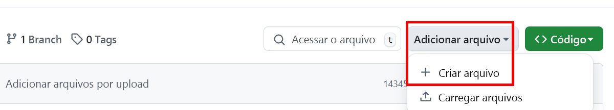 Uma captura de tela da opção para adicionar um arquivo ao seu novo repositório realçado em vermelho com o botão adicionar arquivo à direita da tela.