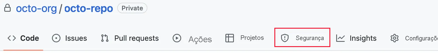 Captura de tela mostrando onde localizar a guia Segurança no GitHub.
