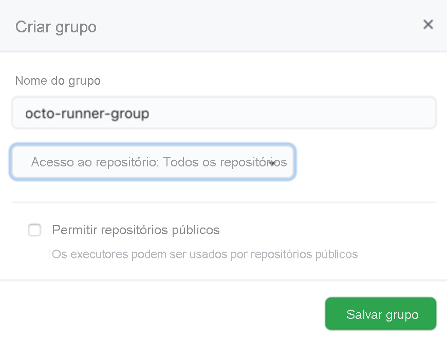 Captura de tela da tela Novo grupo com exemplo de nome de grupo para todos os repositórios.