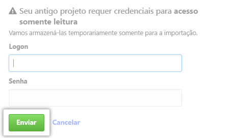 Captura de tela do local para inserir credenciais do importador do repositório antigo.