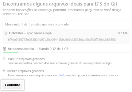 Captura de tela de arquivos adequados para o importador do Git LFS.