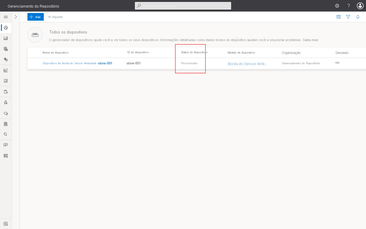 Captura de tela da lista de dispositivos que mostra o dispositivo provisionado.
