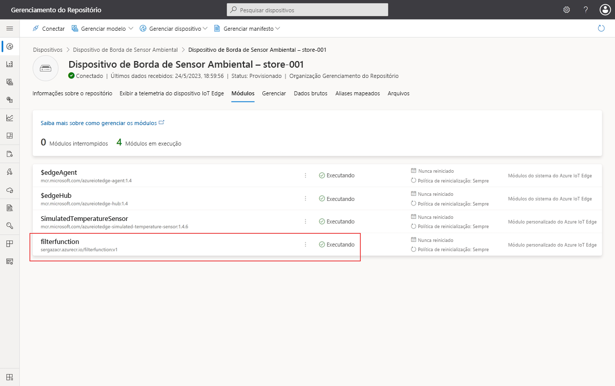 Captura de tela que mostra o módulo FilterFunction em execução no dispositivo do IoT Edge.