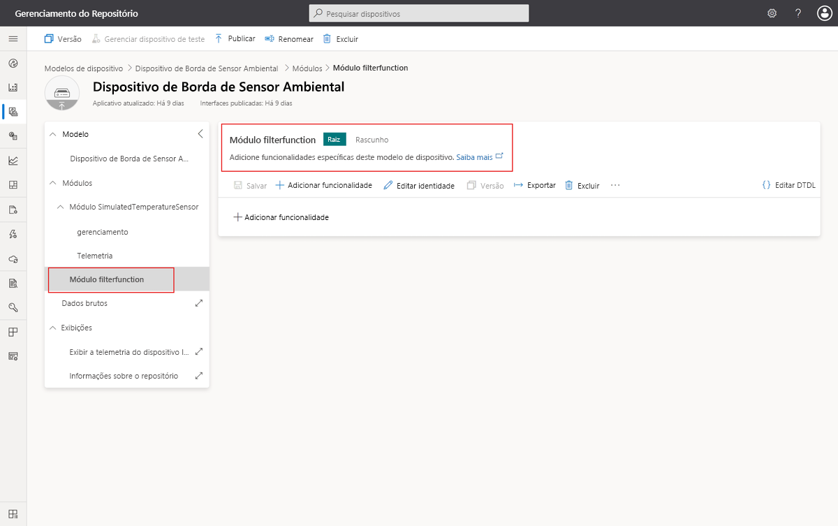 Captura de tela que mostra o módulo FilterFunction adicionado ao modelo de dispositivo.