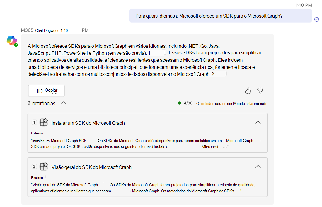 Captura de ecrã da segunda resposta de Microsoft 365 Copilot apresentada numa conversação no Microsoft Teams.