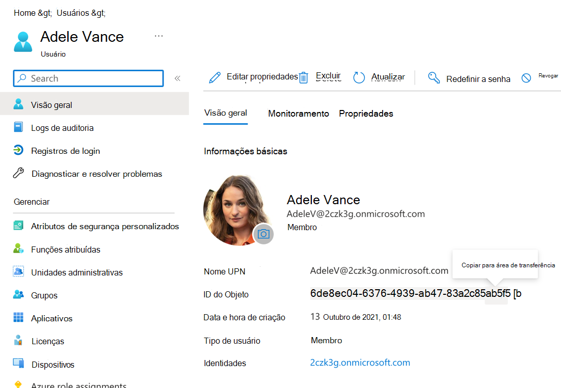 Captura de ecrã do portal do Azure com um perfil de utilizador aberto.