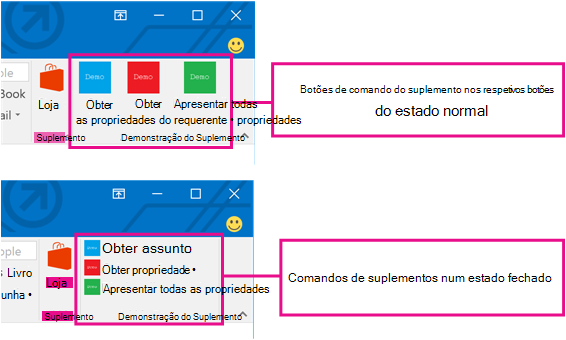 Captura de tela dos comandos de suplemento do Outlook.