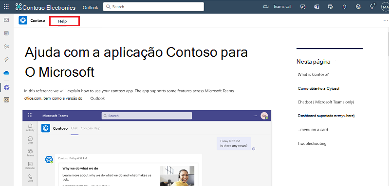 Captura de ecrã a mostrar a aplicação Contoso no Outlook.