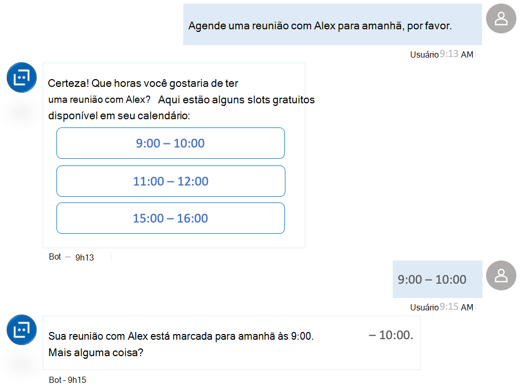 Captura de tela mostrando um chatbot que consome a API de Calendário do Outlook do Microsoft Graph como uma solução de produtividade.