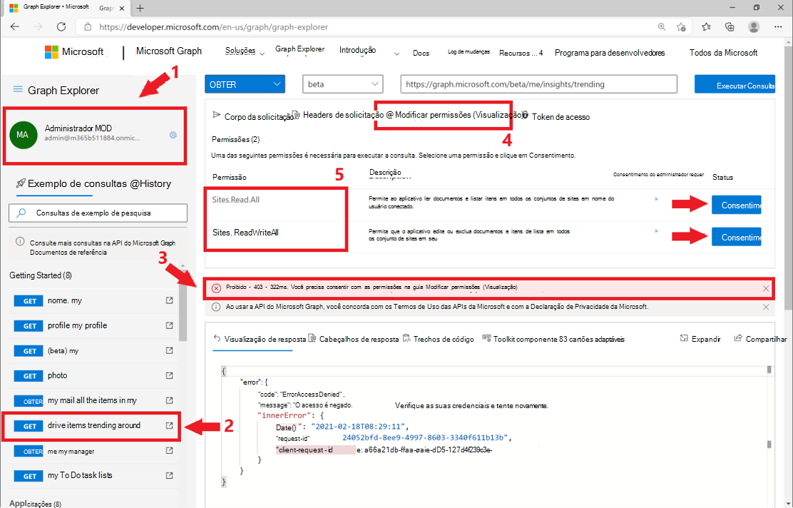 Captura de tela mostrando como testar consultas no Explorador do Graph com sua própria conta.