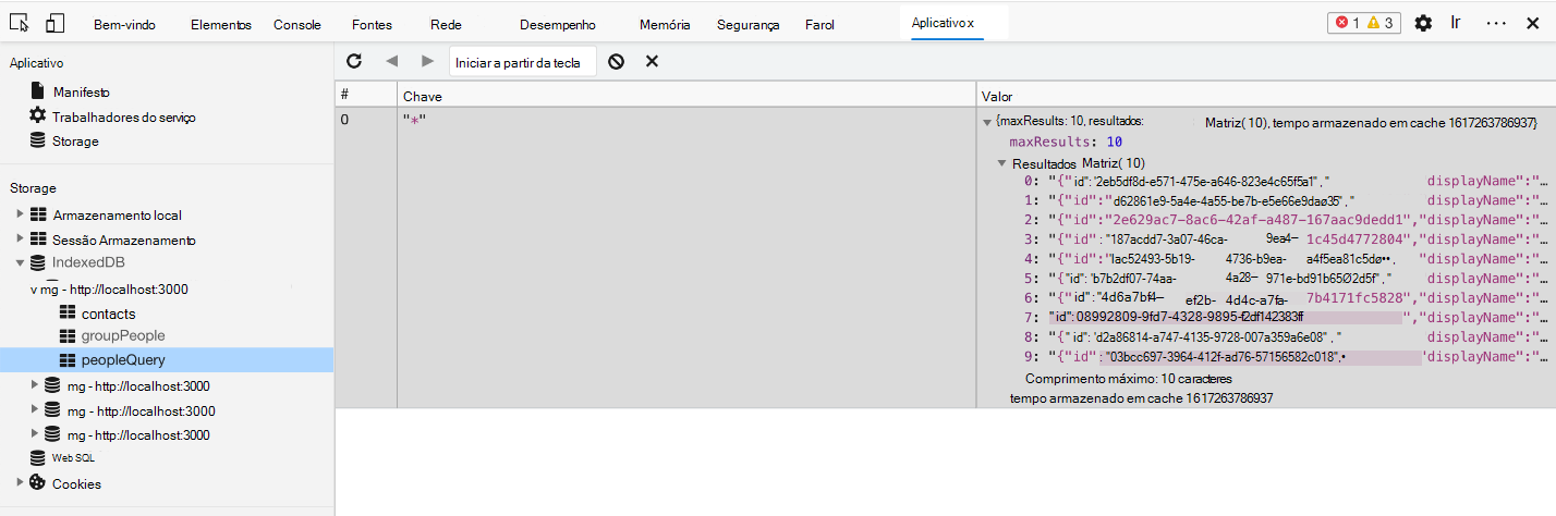 Captura de tela da seção IndexedDB com dados armazenados em cache realçados nas ferramentas de desenvolvedor do navegador.