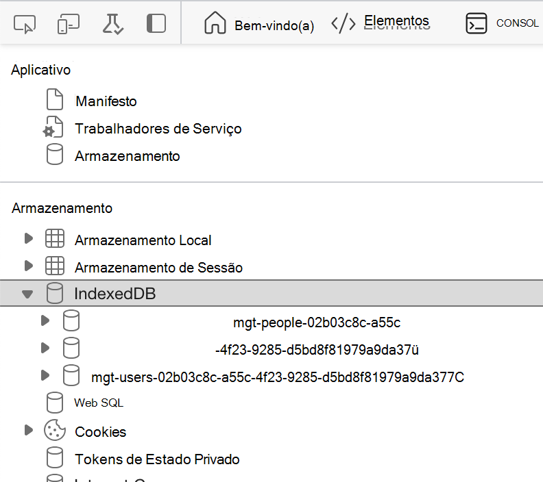 Captura de tela da seção IndexedDB com os dados realçados nas ferramentas de desenvolvedor do navegador.