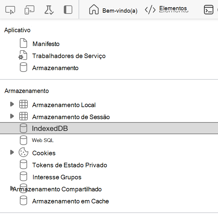 Captura de tela da seção IndexedDB sem nenhum dado realçado nas ferramentas de desenvolvedor do navegador.