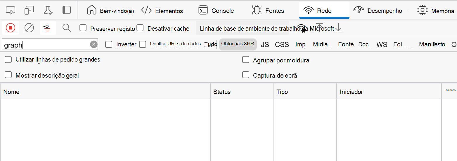 Captura de tela que mostra a guia Rede sem nenhuma solicitação aberta nas ferramentas de desenvolvedor do navegador.