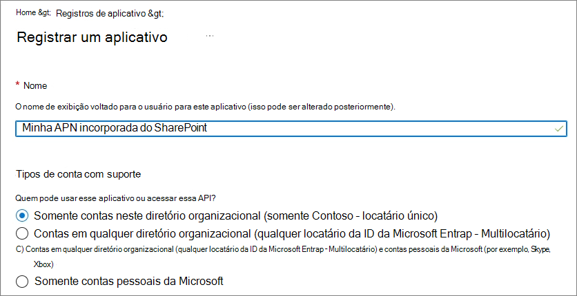 Captura de ecrã a mostrar a criação de uma nova aplicação microsoft Entra ID de inquilino único.