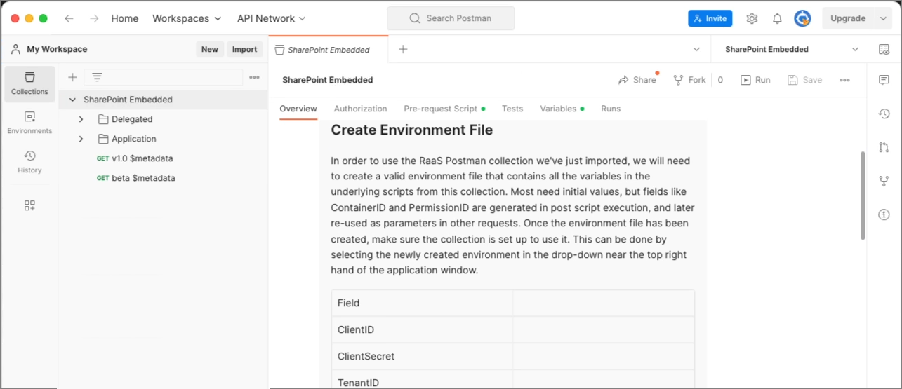 Captura de ecrã a mostrar a Coleção Incorporada do SharePoint do Postman.