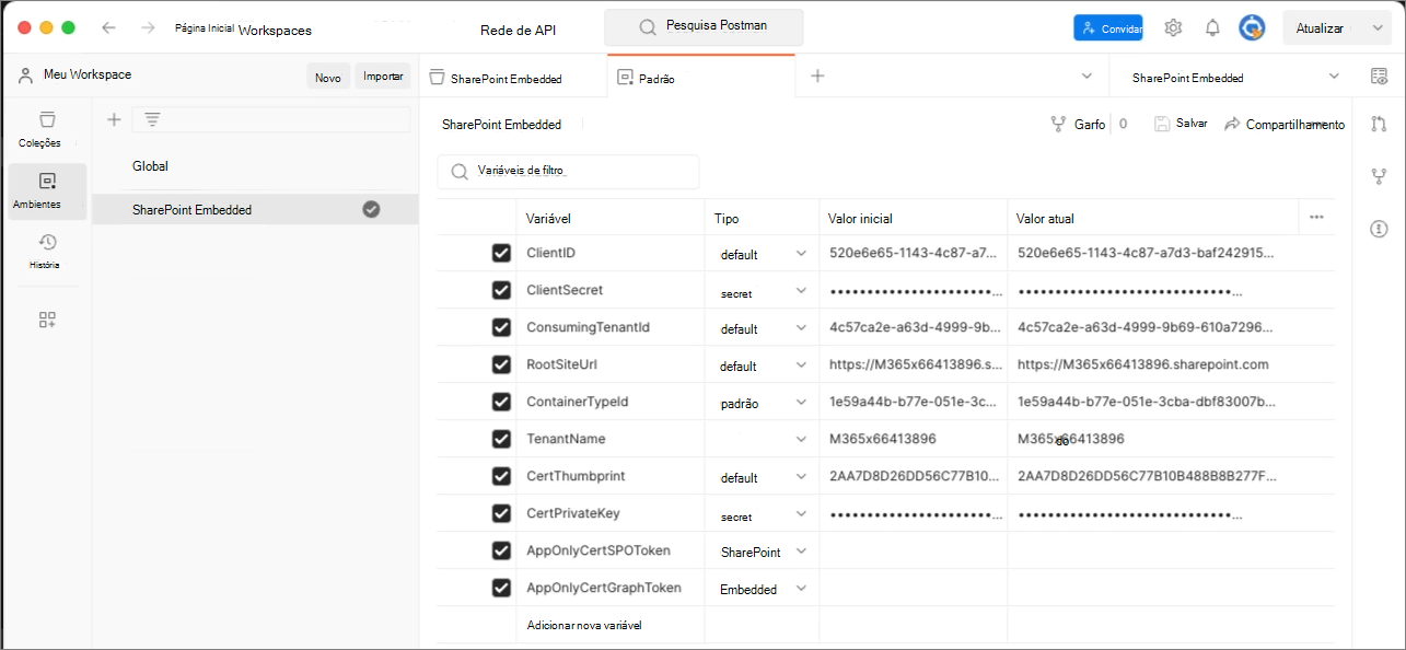 Captura de ecrã a mostrar os valores de ambiente do Postman para a coleção do SharePoint Embedded.