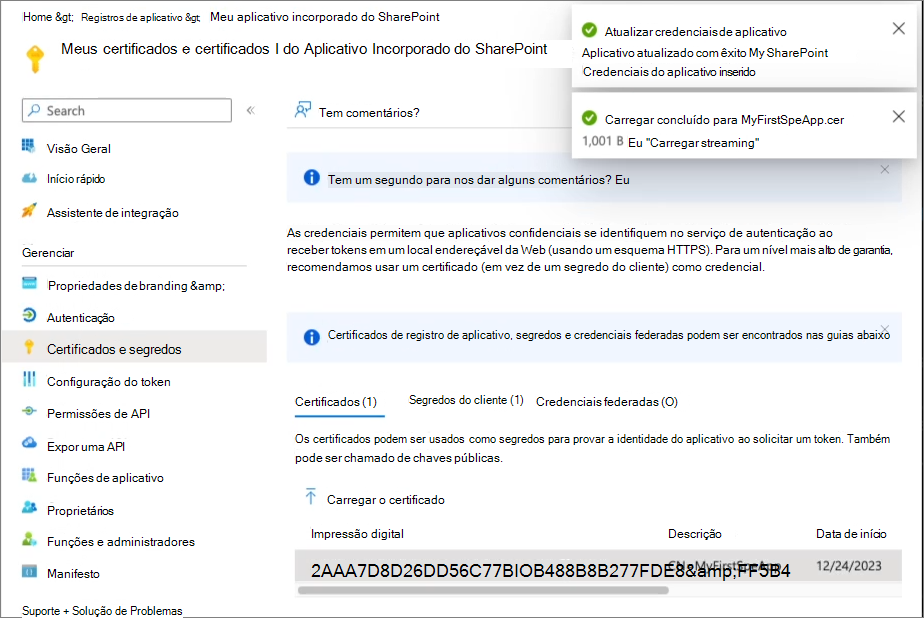 Captura de ecrã a mostrar o carregamento do certificado para a aplicação Microsoft Entra ID.