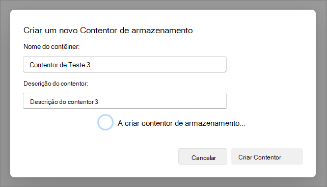 Captura de ecrã a mostrar a caixa de diálogo a criar o Contentor.