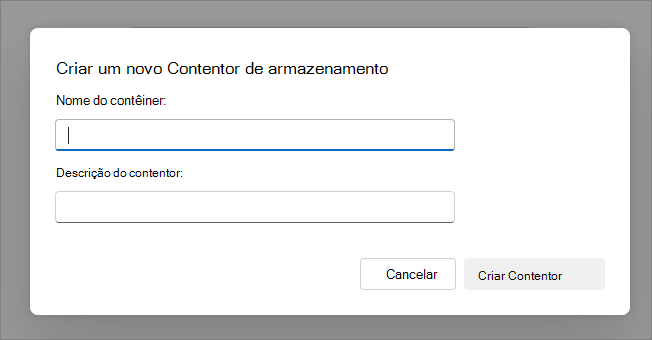 Captura de ecrã da caixa de diálogo para criar um novo Contentor.