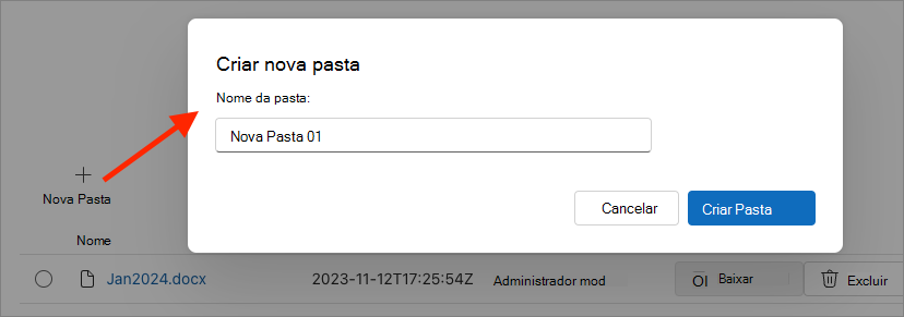 Captura de ecrã a mostrar a caixa de diálogo Criar Nova Pasta.