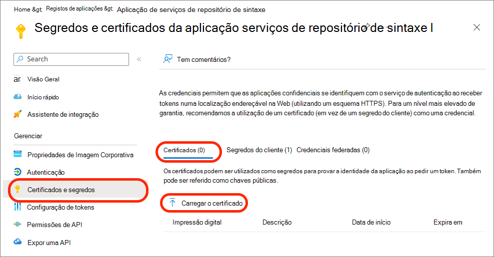 Captura de ecrã a carregar um novo certificado para uma aplicação.