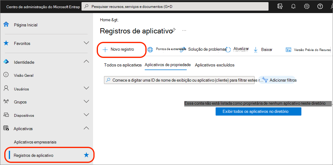 Captura de ecrã do centro de administração do Microsoft Entra ID para registos de aplicações