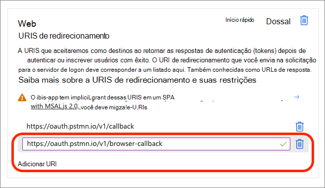 Captura de ecrã a adicionar um segundo URI de redirecionamento à plataforma Web.