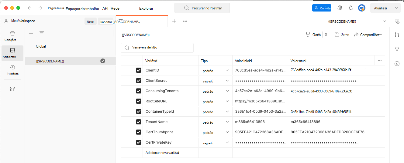 Captura de ecrã do ambiente preenchido do Postman.