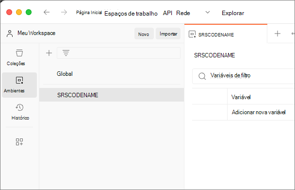 Captura de ecrã do novo ambiente do Postman.