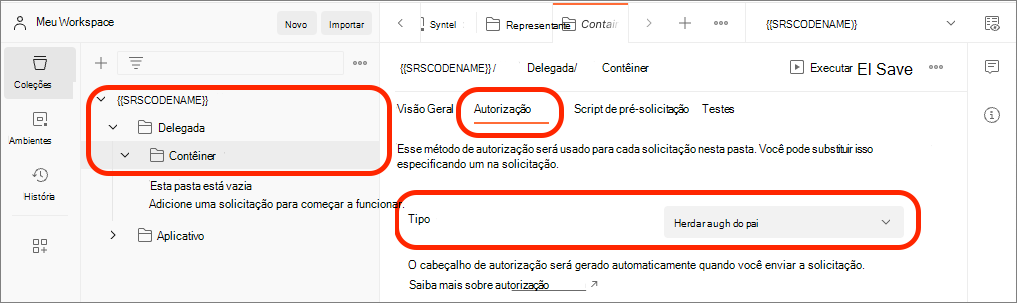 Captura de ecrã a mostrar a configuração de Autenticação da pasta Delegada no Postman.