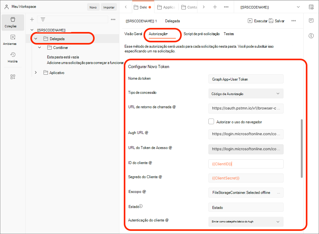 Captura de ecrã do separador Autenticação da pasta Delegada no Postman.