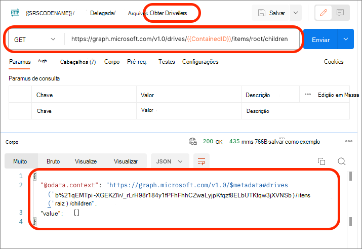 Captura de ecrã a mostrar o conteúdo do Contentor com os pontos finais v1.0 Drive e DriveItems do Microsoft Graph existentes.