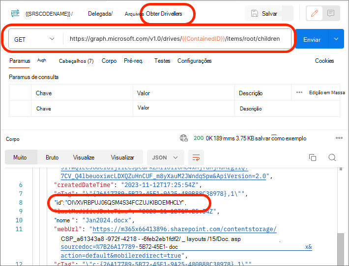 Captura de ecrã a mostrar os elementos do Contentor com o ponto final DriveItems do Microsoft Graph.