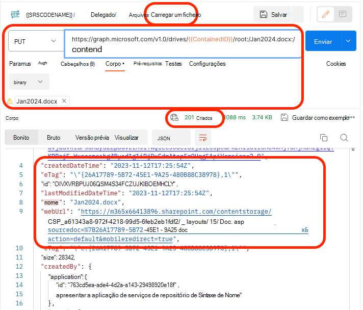 Captura de ecrã a mostrar os resultados do carregamento de um ficheiro para um Contentor com o ponto final Unidades do Microsoft Graph.