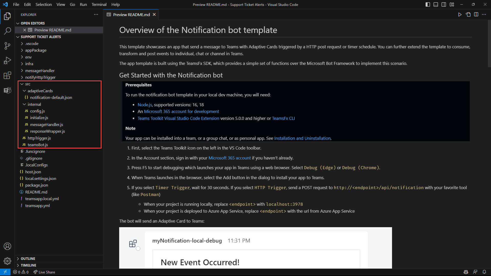 Captura de ecrã do Visual Studio Code que mostra o ficheiro readme do modelo do bot de notificação e os ficheiros de código no painel Explorador.