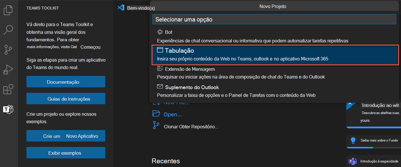 Captura de ecrã a mostrar a opção Teams Toolkit para a aplicação de tabulação.